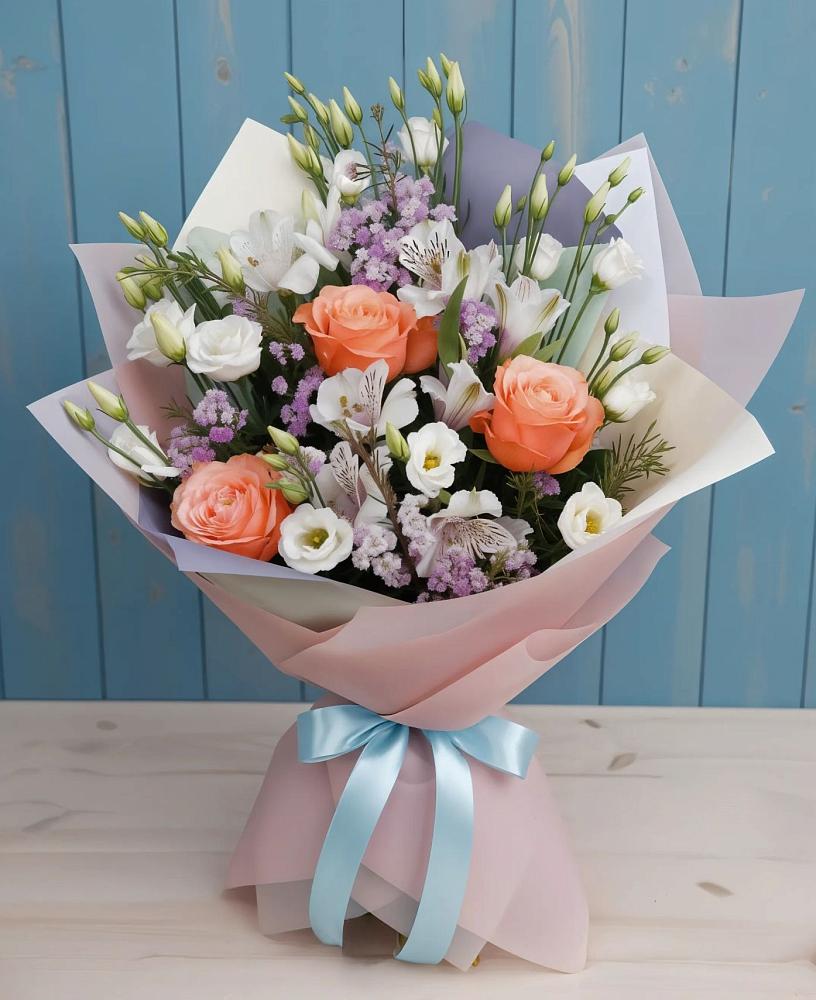 Букет цветов из: Лизиантусы, Розы, Альстромерии и Гипсофила в Черноисточинске