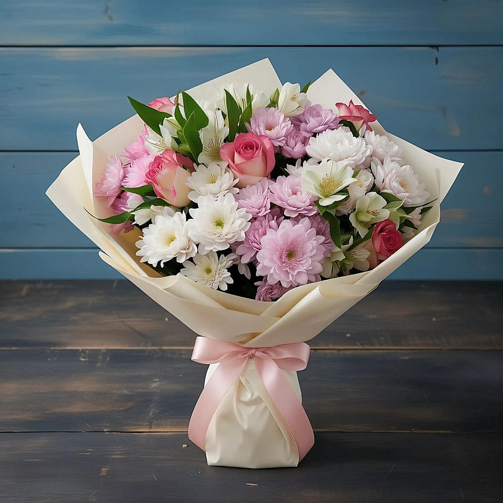 Букет цветов из: Хризантемы, Альстромерии и Розы в Черноисточинске